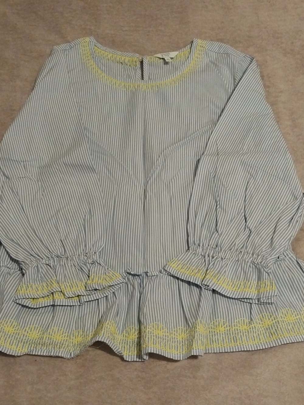 crown & ivy Blue and White Striped Peplum Blouse with Yellow Trim